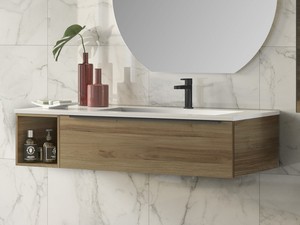 Meuble de salle de bains Trendy 115 cm noyer Belgravia et lavabo Hide vasque droite blanc mat